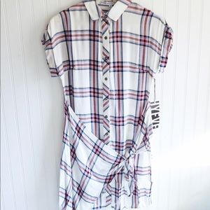 White Fall Plaid Tie Shirt Dress